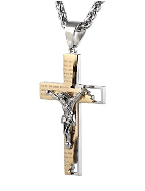 HZMAN Men's Stainless Steel Cross Crucifix Bible Prayer Pendant Necklace 22+2" Chain