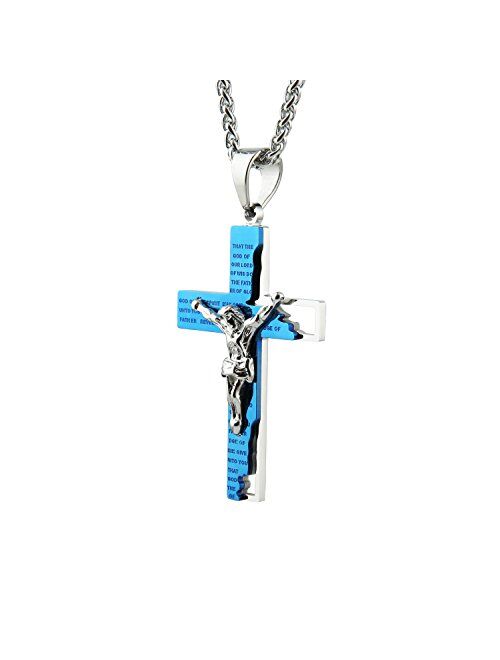 HZMAN Men's Stainless Steel Cross Crucifix Bible Prayer Pendant Necklace 22+2" Chain