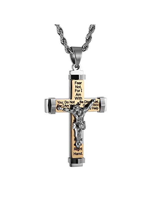 HZMAN Men's Crucifix Stainless Steel Cross Lord's Prayer Pendant Necklace with 20" 24" 28" Rope Chain