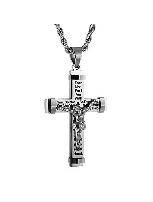 HZMAN Men's Crucifix Stainless Steel Cross Lord's Prayer Pendant Necklace with 20" 24" 28" Rope Chain