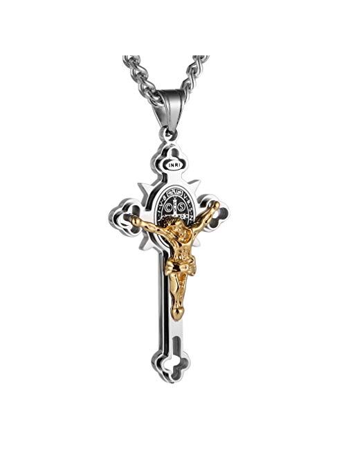 HZMAN Religion Stainless Steel Saint St St. Benedict Crucifix Cross Pendants Necklace INRI