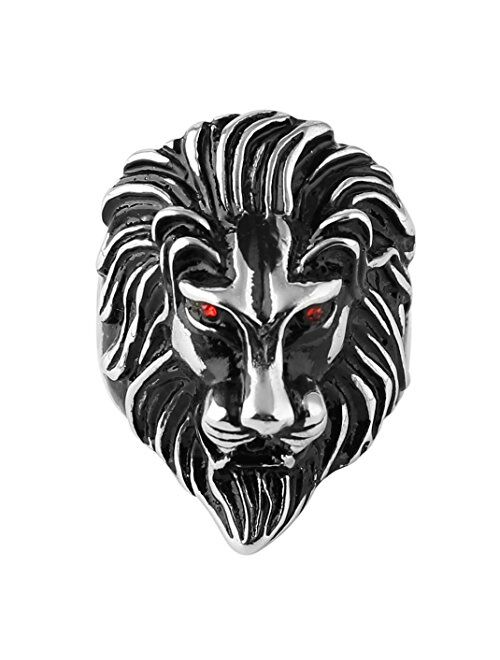 HZMAN Men's Vintage 316L Stainless Steel Lion Ruby Eyes Rings Heavy Metal Rock Punk Style Gothic Biker Ring Silver Gold Black 3 Colors