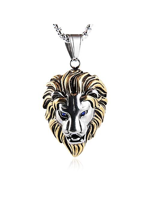 HZMAN Men's Silver Gold Tone Stainless Steel Lion King Pendant Necklace Cable Wheat 22+2" Chain