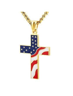 American Flag Patriotic Cross Religious Jewelry Enamel Pendant Necklace