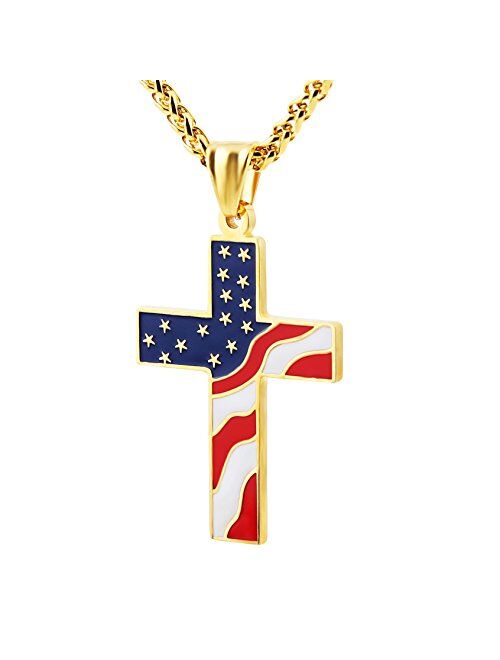 HZMAN American Flag Patriotic Cross Religious Jewelry Enamel Pendant Necklace