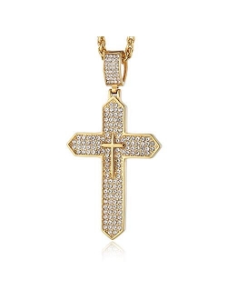 Mens Iced Out Cross Cz Inlay Pendant 18k Gold Plated Stainless Steel Hip-Hop Necklace