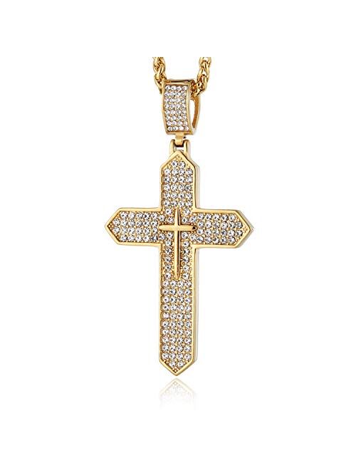 HZMAN Mens Iced Out Cross Cz Inlay Pendant 18k Gold Plated Stainless Steel Hip-Hop Necklace