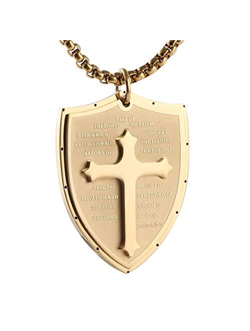 HZMAN Shield Armor of God Ephesians 6:16-17, Faith Cross Stainless Steel Pendant Necklace