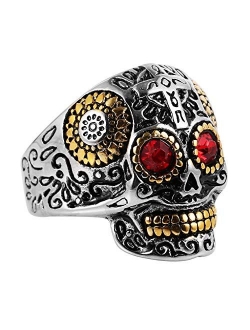 Biker Cool Sugar Skull Rings for Men Women, Ruby Eyes Stainless Steel Day of The Dead Gothic Cross Jewelry