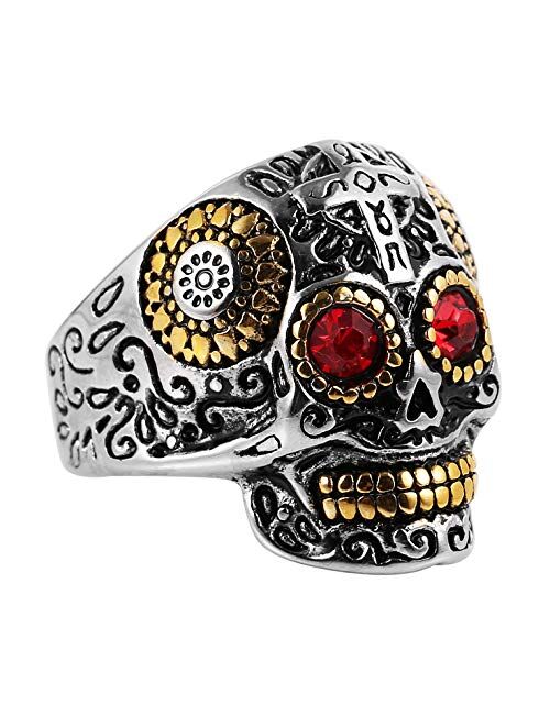 HZMAN Biker Cool Sugar Skull Rings for Men Women, Ruby Eyes Stainless Steel Day of The Dead Gothic Cross Jewelry