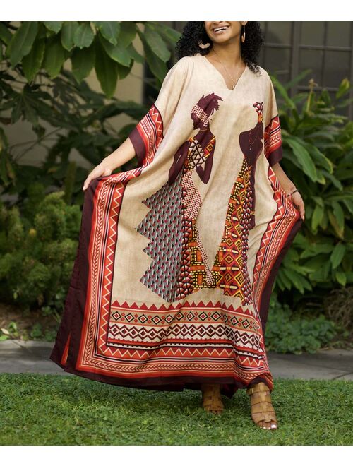 Red & Beige Geometric Women V-Neck Caftan - Women