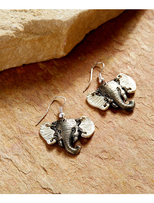 Antiqued Silvertone Elephant Drop Earrings