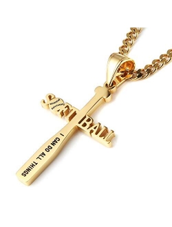 Softball Bat Cross Pendant, I CAN DO ALL THINGS STRENGTH Bible Verse Stainless Steel Necklace