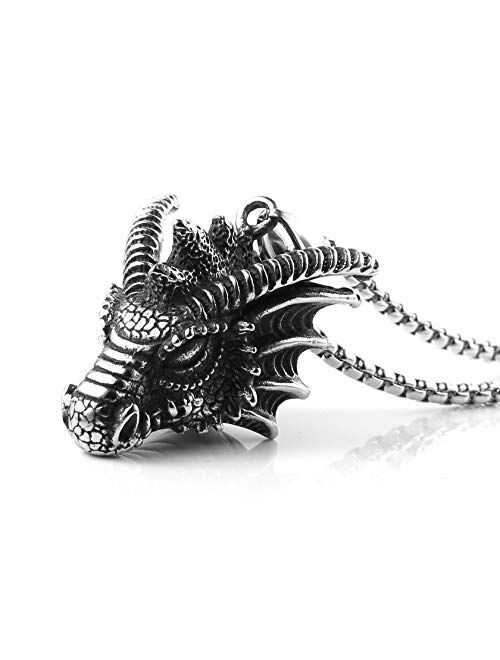 HZMAN Stainless Steel Dragon Head Pendant Necklace for Men Women Vintage Gothic 22+2“ Chain