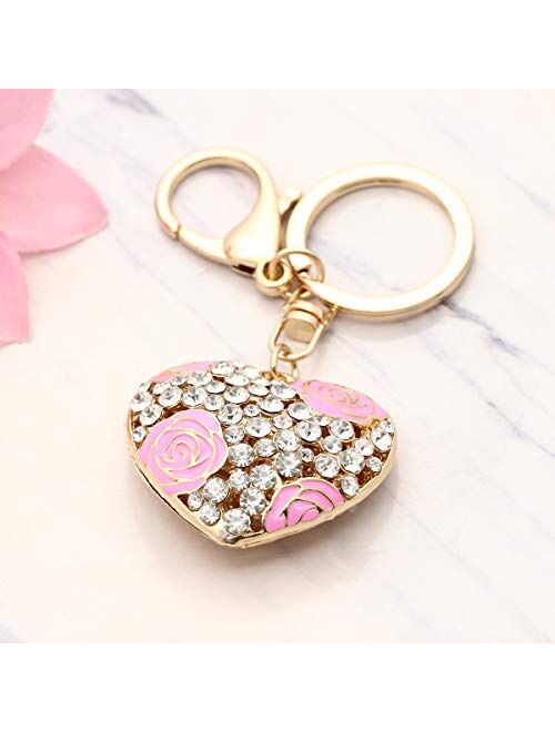 Keychains for Women, Gifts for Women Girls Crystal Flowers Ball Keychain and Sweet Love Heart Rose Flower Crystal Keyring