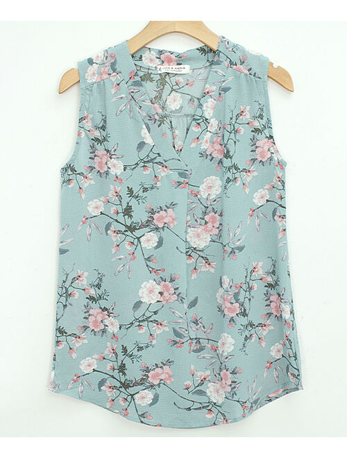 Dusty Blue Floral V-Neck Sleeveless Top - Women