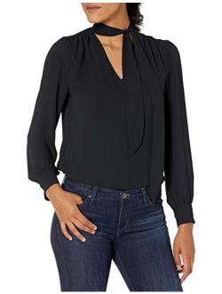 Amazon Brand - Lark & Ro Women's Crepe de Chine Long Sleeve V-Neck Gathered Tie Neck Top