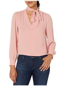 Amazon Brand - Lark & Ro Women's Crepe de Chine Long Sleeve V-Neck Gathered Tie Neck Top