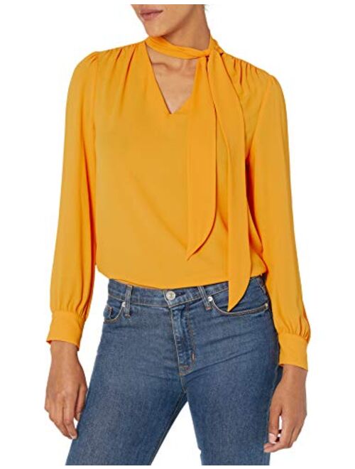 Amazon Brand - Lark & Ro Women's Crepe de Chine Long Sleeve V-Neck Gathered Tie Neck Top