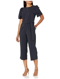 Amazon Brand - Lark & Ro Women's Puff Sleeve Split Neck Belted Crop Length Jumpsuit