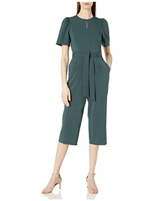 Amazon Brand - Lark & Ro Women's Puff Sleeve Split Neck Belted Crop Length Jumpsuit