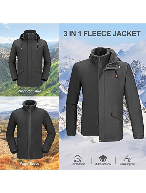 CAMEL Men's 3 in 1 Ski Jacket Waterproof with Reversible Warm Fleece Jacket Detachable Hooded Outdoor Snow Coat