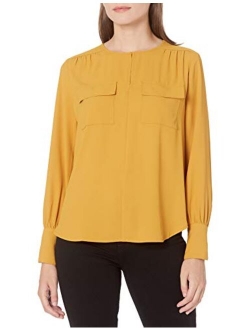 Amazon Brand - Lark & Ro Women's Crepe de Chine Long Sleeve Utility Crewneck Top