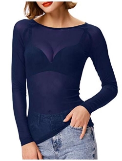 Women's Basic Long Sleeves Mesh Sheer Tops