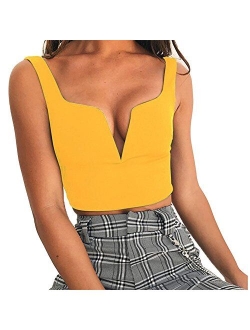 Susupeng Women Sexy Deep V Neck Sleeveless T Shirt Slim Crop Top Side Zip Casual Tank Tops