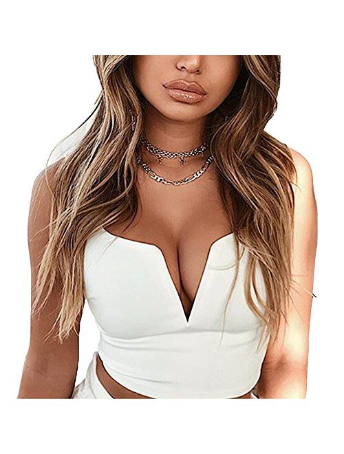 Susupeng Women Sexy Deep V Neck Sleeveless T Shirt Slim Crop Top Side Zip Casual Tank Tops