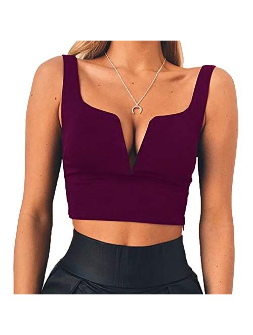 Susupeng Women Sexy Deep V Neck Sleeveless T Shirt Slim Crop Top Side Zip Casual Tank Tops