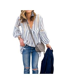 ZXZY Women Long Sleeve V Neck Hollow Out Floral Print Shirt Tops Long Blouse Tee