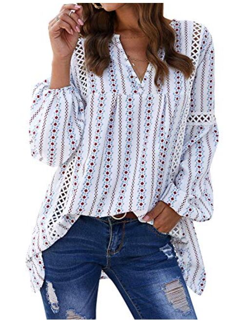 ZXZY Women Long Sleeve V Neck Hollow Out Floral Print Shirt Tops Long Blouse Tee