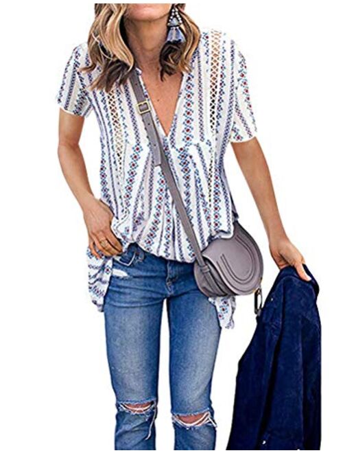 ZXZY Women Long Sleeve V Neck Hollow Out Floral Print Shirt Tops Long Blouse Tee