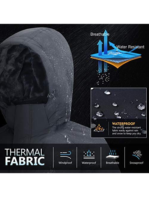 Mens Winter Jacket Waterproof Warm Snow Ski Jackets Faux Fur Fleece Rain Coats with Removable Hood and Windproof Cuffs