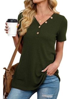 ANIXAY Womens Waffle Knit Tunic Tops Long/Short Sleeve Loose Fitting Daily Casual Button Up Basic Henley Tops