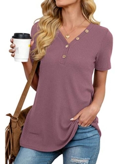 ANIXAY Womens Waffle Knit Tunic Tops Long/Short Sleeve Loose Fitting Daily Casual Button Up Basic Henley Tops