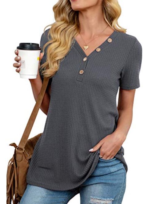 ANIXAY Womens Waffle Knit Tunic Tops Long/Short Sleeve Loose Fitting Daily Casual Button Up Basic Henley Tops