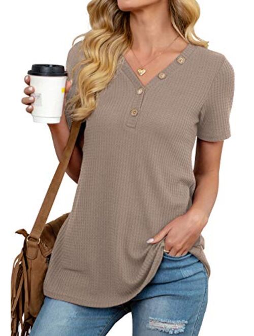 ANIXAY Womens Waffle Knit Tunic Tops Long/Short Sleeve Loose Fitting Daily Casual Button Up Basic Henley Tops