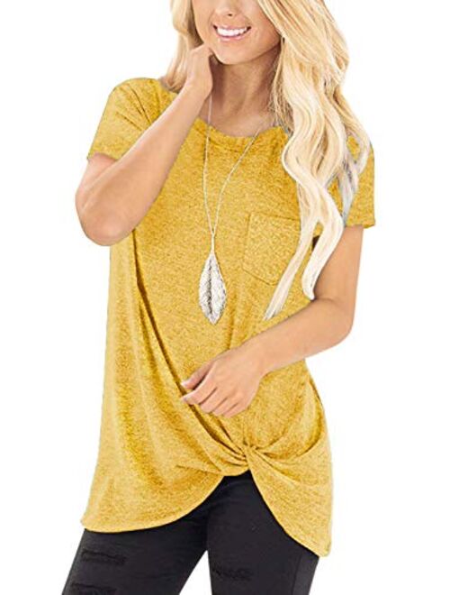 SHIBEVER Women's Tops Short Sleeve Shirts Twist Knotted T Shirts Round Neck Tunic S-2XL