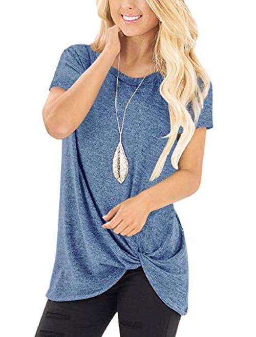 SHIBEVER Women's Tops Short Sleeve Shirts Twist Knotted T Shirts Round Neck Tunic S-2XL