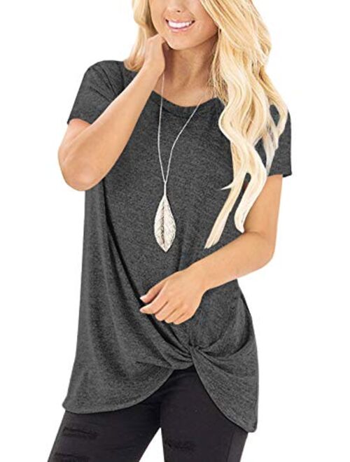 SHIBEVER Women's Tops Short Sleeve Shirts Twist Knotted T Shirts Round Neck Tunic S-2XL