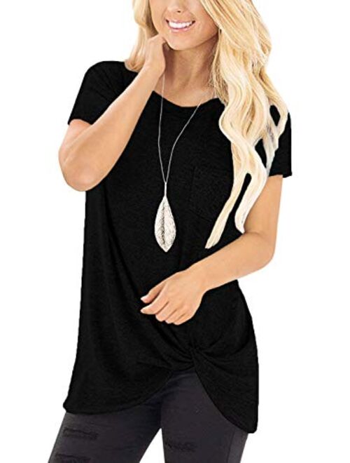 SHIBEVER Women's Tops Short Sleeve Shirts Twist Knotted T Shirts Round Neck Tunic S-2XL