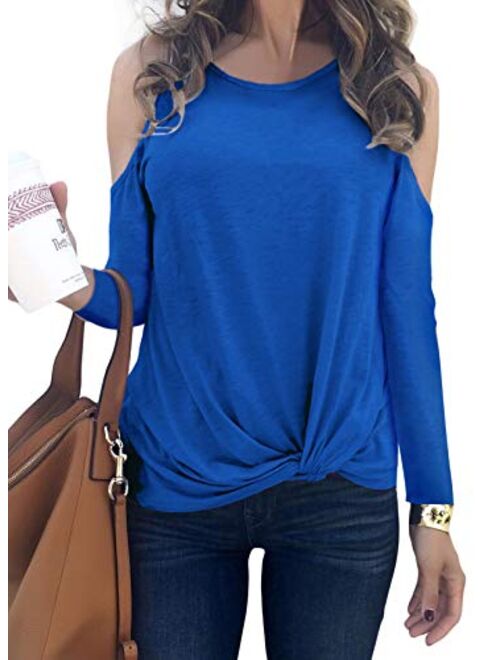 MODARANI Cold Shoulder Tops for Women Knot Twisted Casual Solid Color Shirts Tunic Tops Comfy Loose Fit