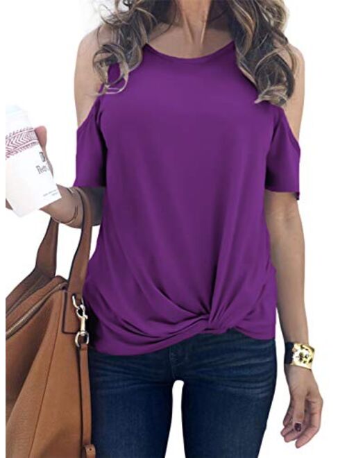 MODARANI Cold Shoulder Tops for Women Knot Twisted Casual Solid Color Shirts Tunic Tops Comfy Loose Fit