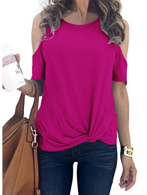 MODARANI Cold Shoulder Tops for Women Knot Twisted Casual Solid Color Shirts Tunic Tops Comfy Loose Fit