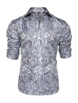 DiBanGu Mens Shirt, Paisley Floral Dress Shirt Long Sleeve with Collar Pin Brooch