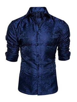 DiBanGu Mens Shirt, Paisley Floral Dress Shirt Long Sleeve with Collar Pin Brooch