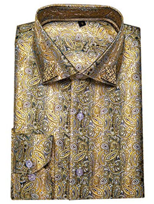 DiBanGu Mens Shirt, Paisley Floral Dress Shirt Long Sleeve with Collar Pin Brooch