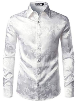 Men's Shiny Satin Rose Floral Jacquard Long Sleeve Button Up Dress Shirts for Party Prom